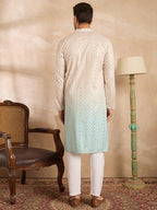 Men Blue Silk Blend Ombre Embroidered Straight Kurta-MKU1721
