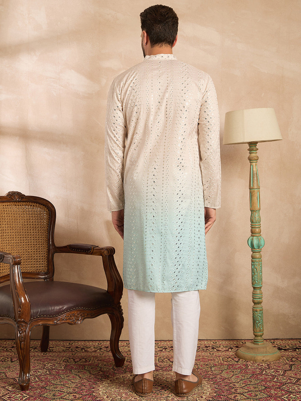 Men Blue Silk Blend Ombre Embroidered Straight Kurta Sets-MKSET1721