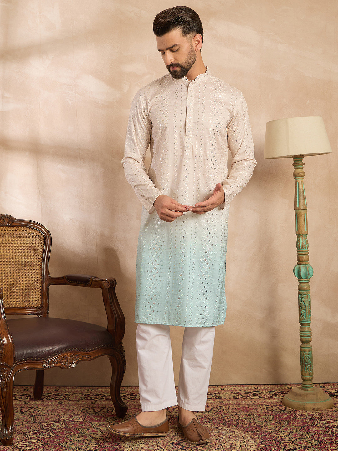 Men Blue Silk Blend Ombre Embroidered Straight Kurta-MKU1721