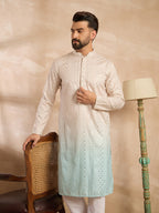 Men Blue Silk Blend Ombre Embroidered Straight Kurta-MKU1721