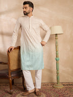 Men Blue Silk Blend Ombre Embroidered Straight Kurta-MKU1721