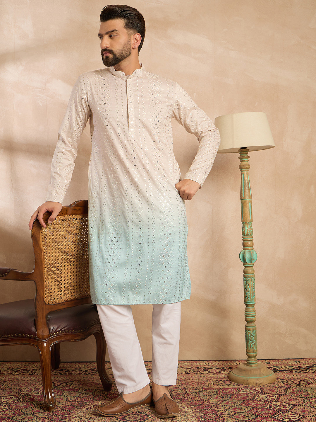 Men Blue Silk Blend Ombre Embroidered Straight Kurta Sets-MKSET1721