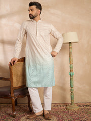 Men Blue Silk Blend Ombre Embroidered Straight Kurta Sets-MKSET1721