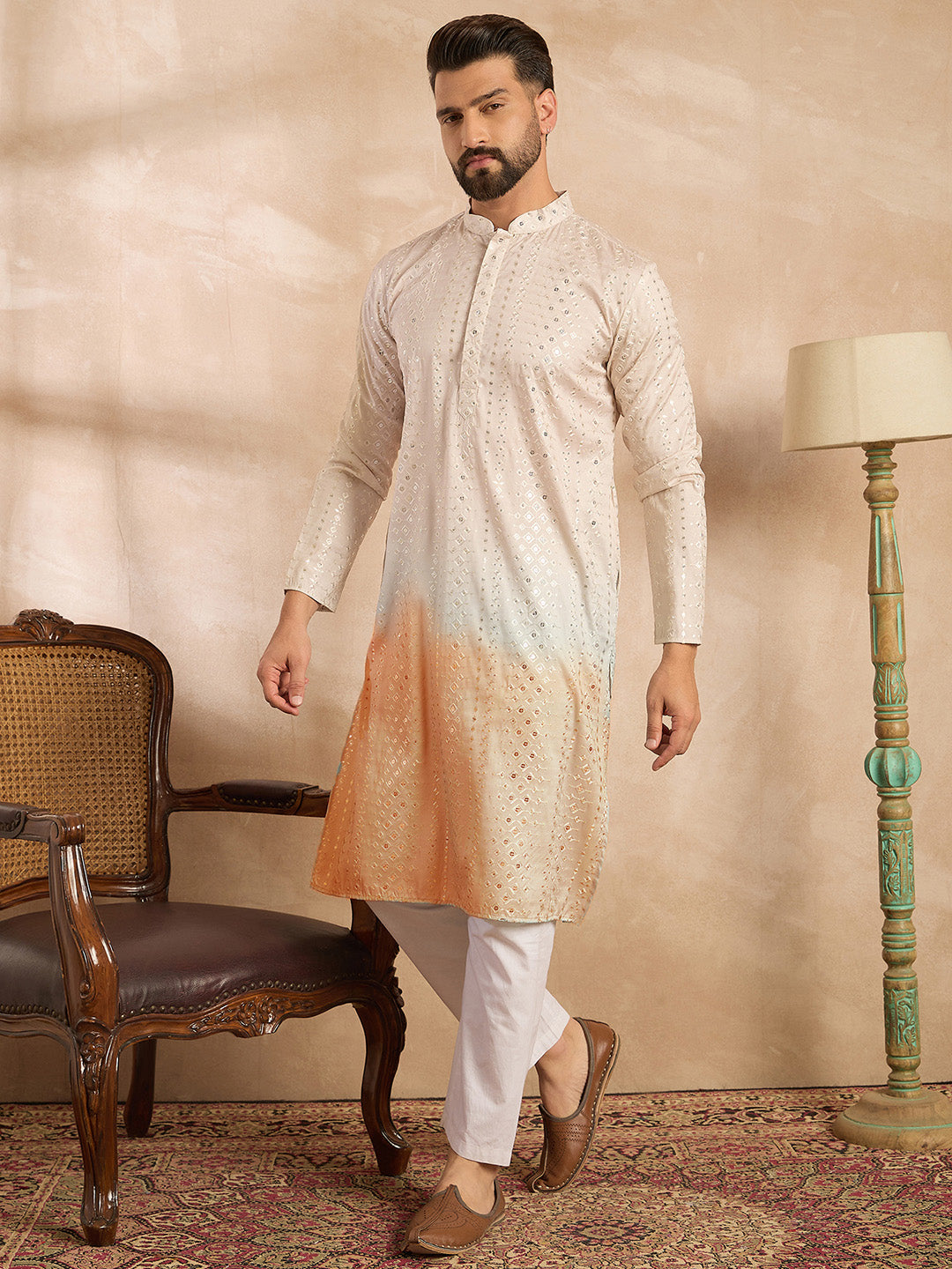 Men Peach Silk Blend Ombre Embroidered Straight Kurta-MKU1724