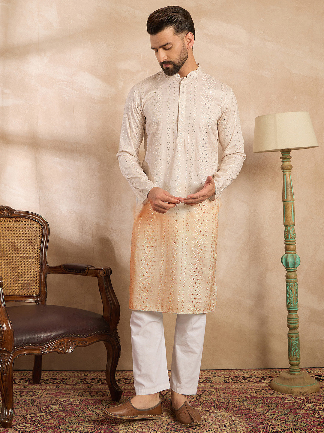 Men Peach Silk Blend Ombre Embroidered Straight Kurta-MKU1724