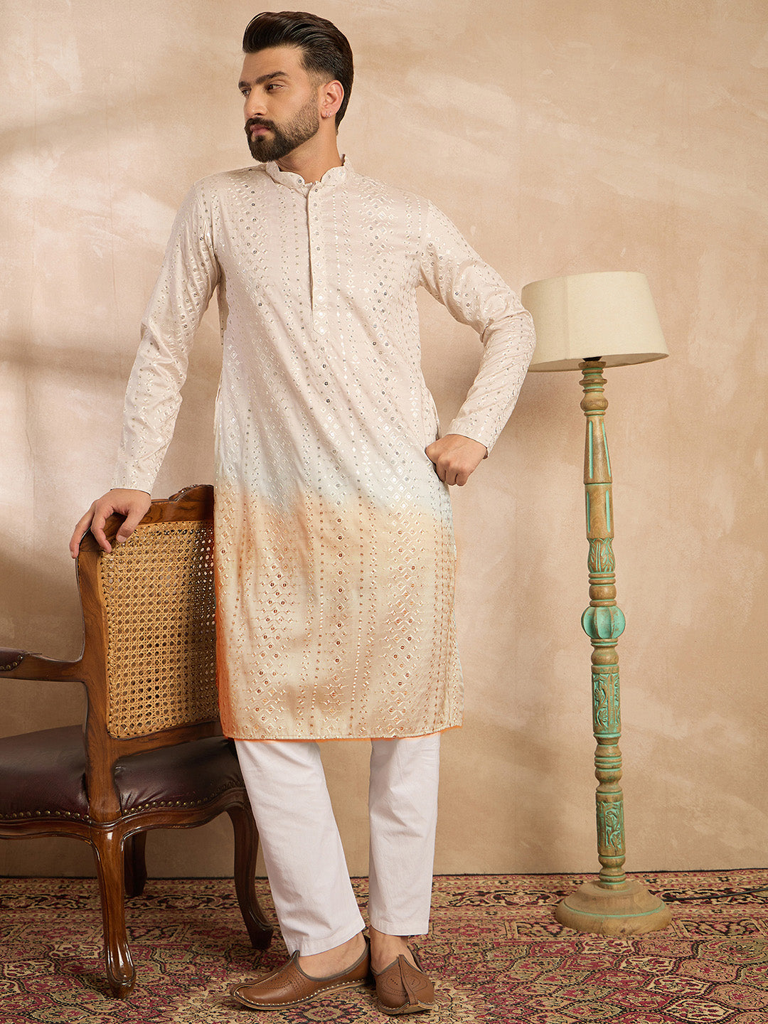 Men Peach Silk Blend Ombre Embroidered Straight Kurta-MKU1724