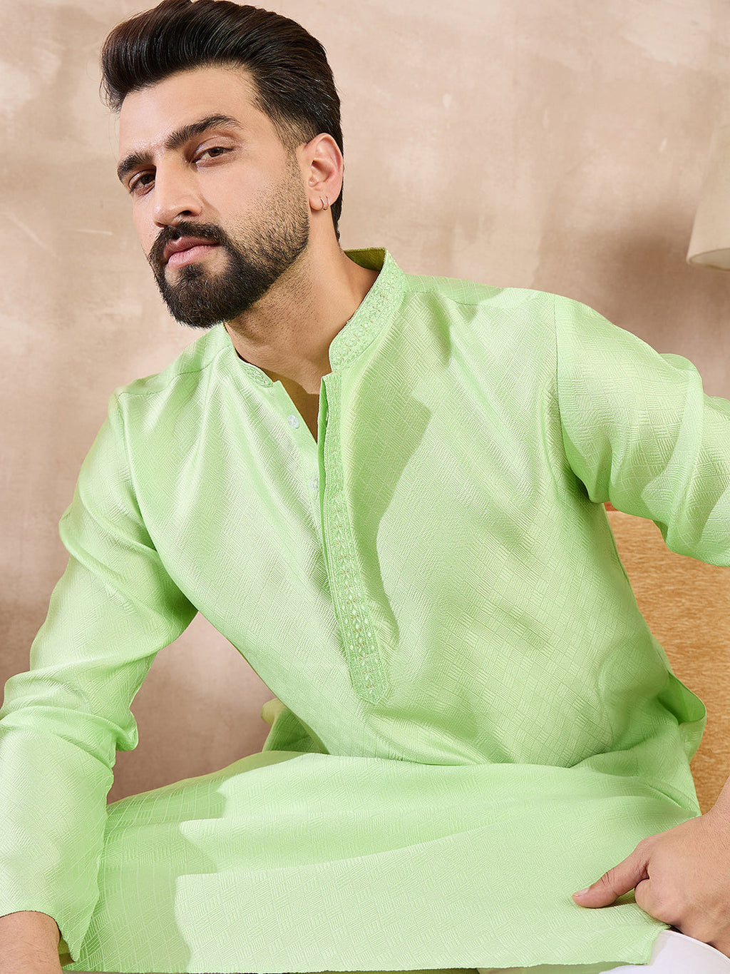 Men Green Silk Blend Solid Embroidered Straight Kurta-MKU1727