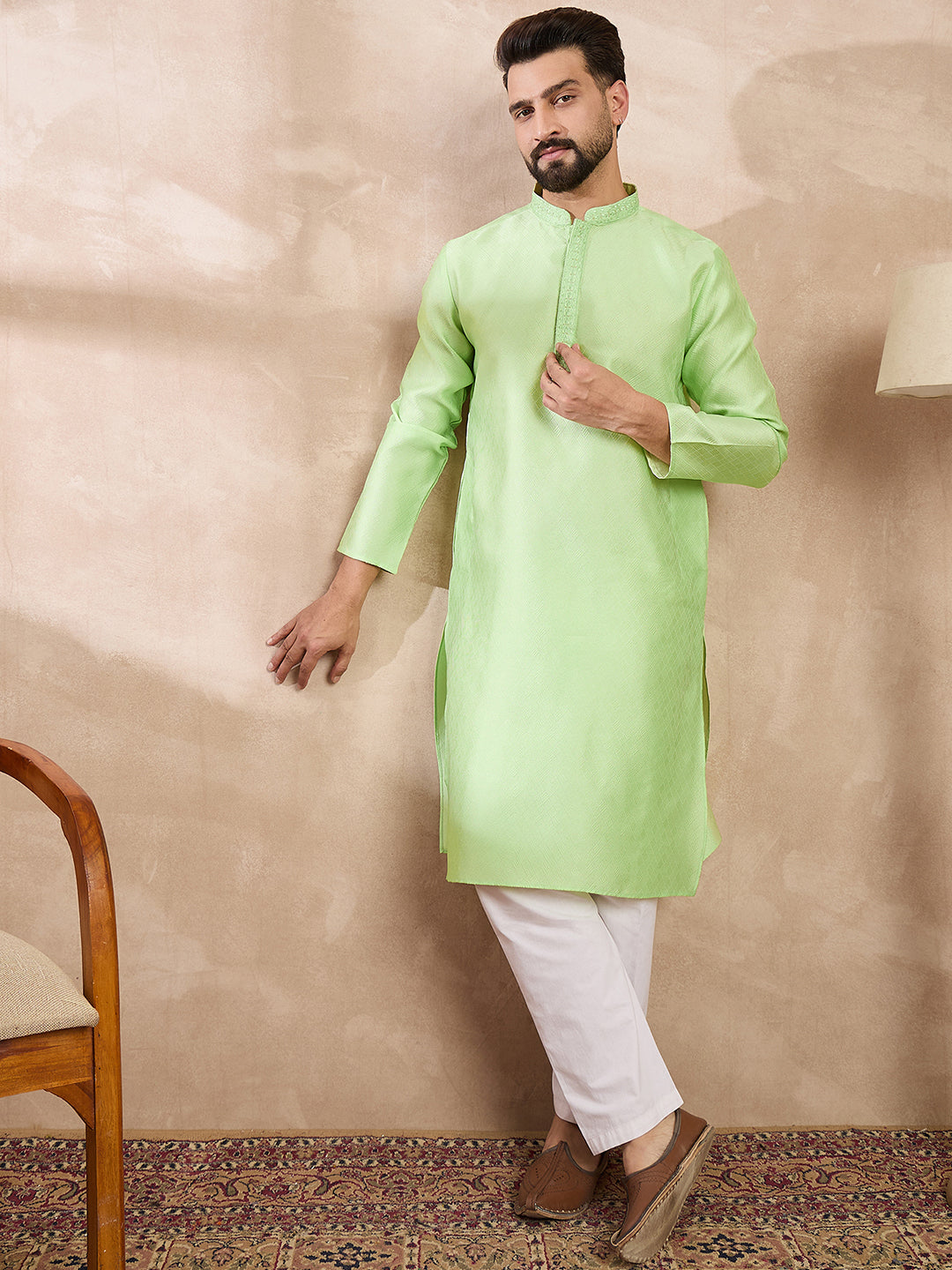 Men Green Silk Blend Solid Embroidered Straight Kurta-MKU1727