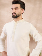 Men Off White Silk Blend Solid Embroidered Straight Kurta-MKU1728