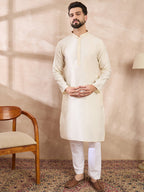 Men Off White Silk Blend Solid Embroidered Straight Kurta-MKU1728