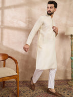 Men Off White Silk Blend Solid Embroidered Straight Kurta-MKU1728