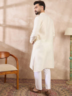 Men Off White Silk Blend Solid Embroidered Straight Kurta-MKU1728
