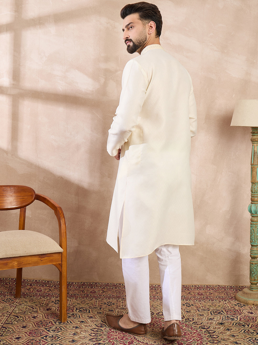 Men Off White Silk Blend Solid Embroidered Straight Kurta-MKU1728