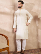 Men Off White Silk Blend Solid Embroidered Straight Kurta-MKU1728