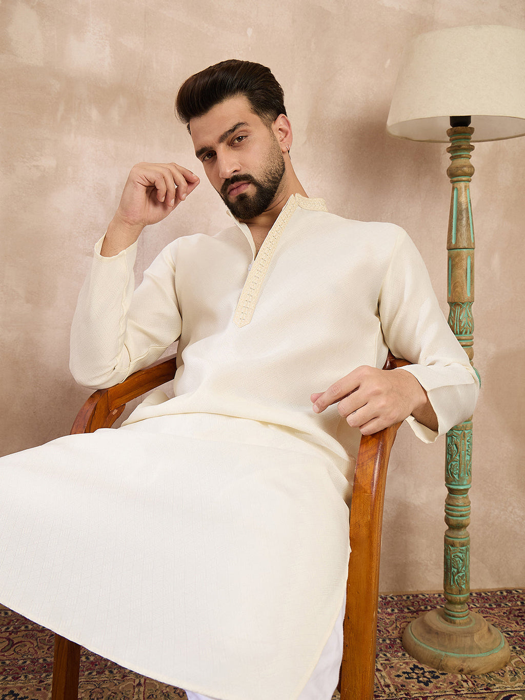 Men Off White Silk Blend Solid Embroidered Straight Kurta-MKU1728