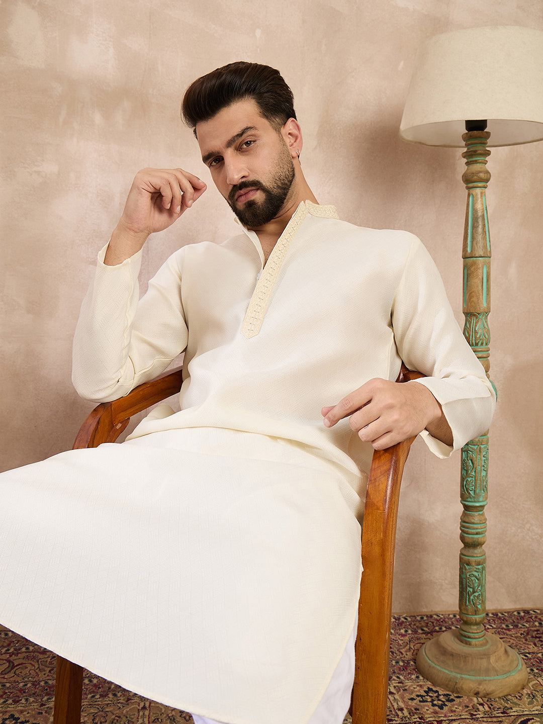 Men Off White Silk Blend Solid Embroidered Straight Kurta-MKU1728