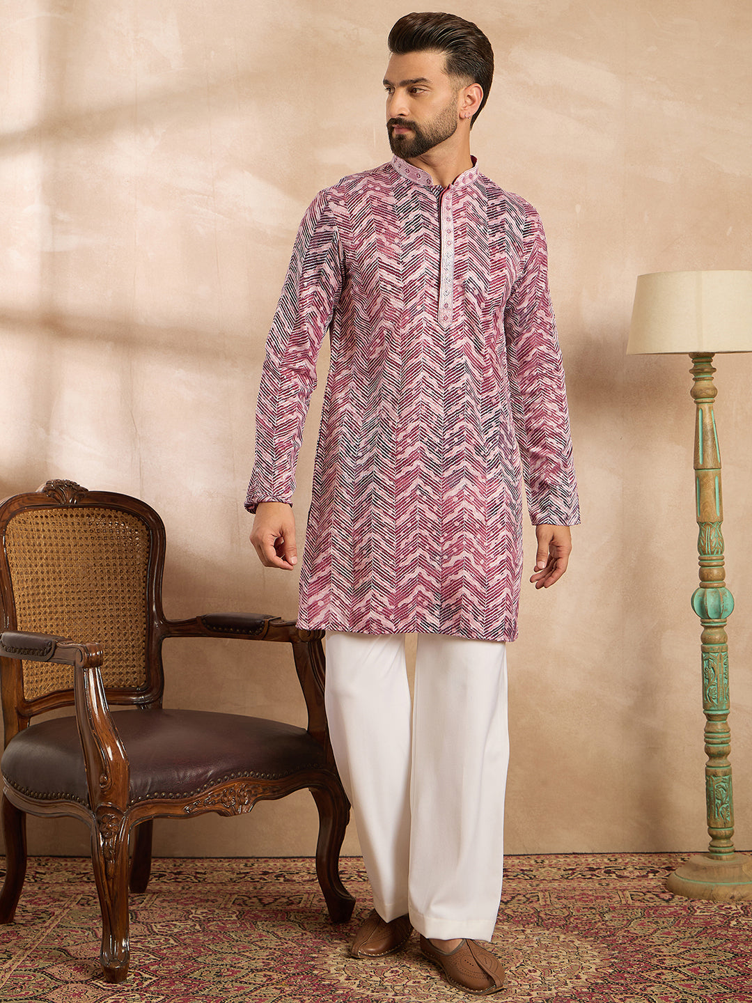 Men Maroon Silk Blend Solid Embroidered Straight Kurta-MKU1729