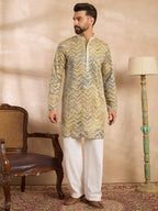 Men Green Silk Blend Solid Embroidered Straight Kurta-MKU1730