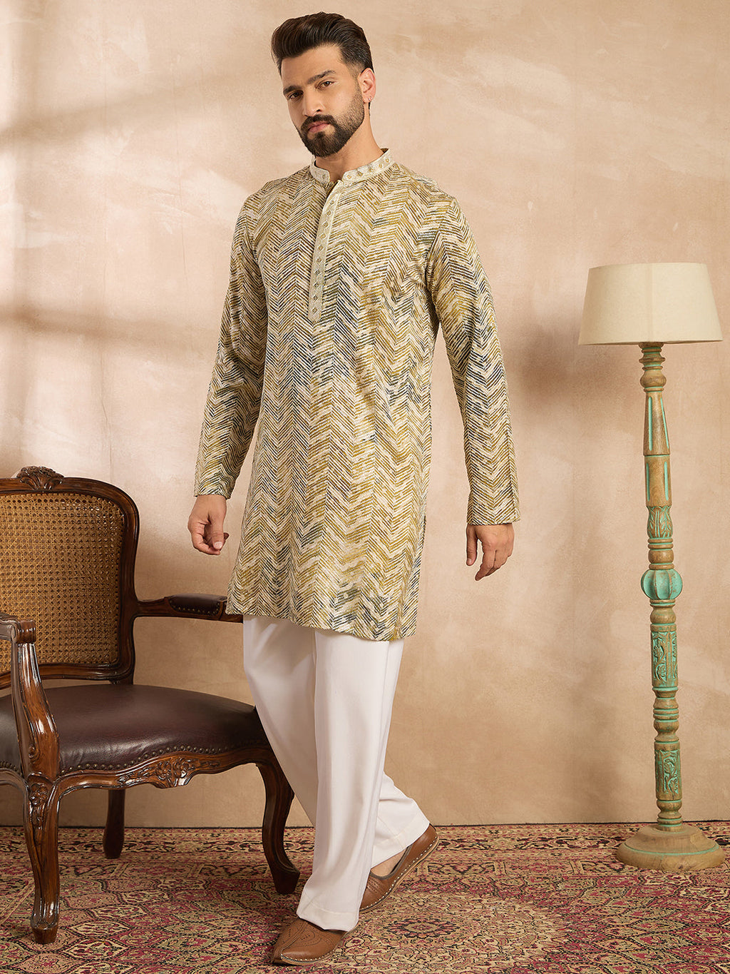 Men Green Silk Blend Solid Embroidered Straight Kurta-MKU1730