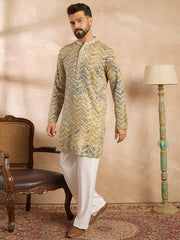 Men Green Silk Blend Solid Embroidered Straight Kurta-MKU1730