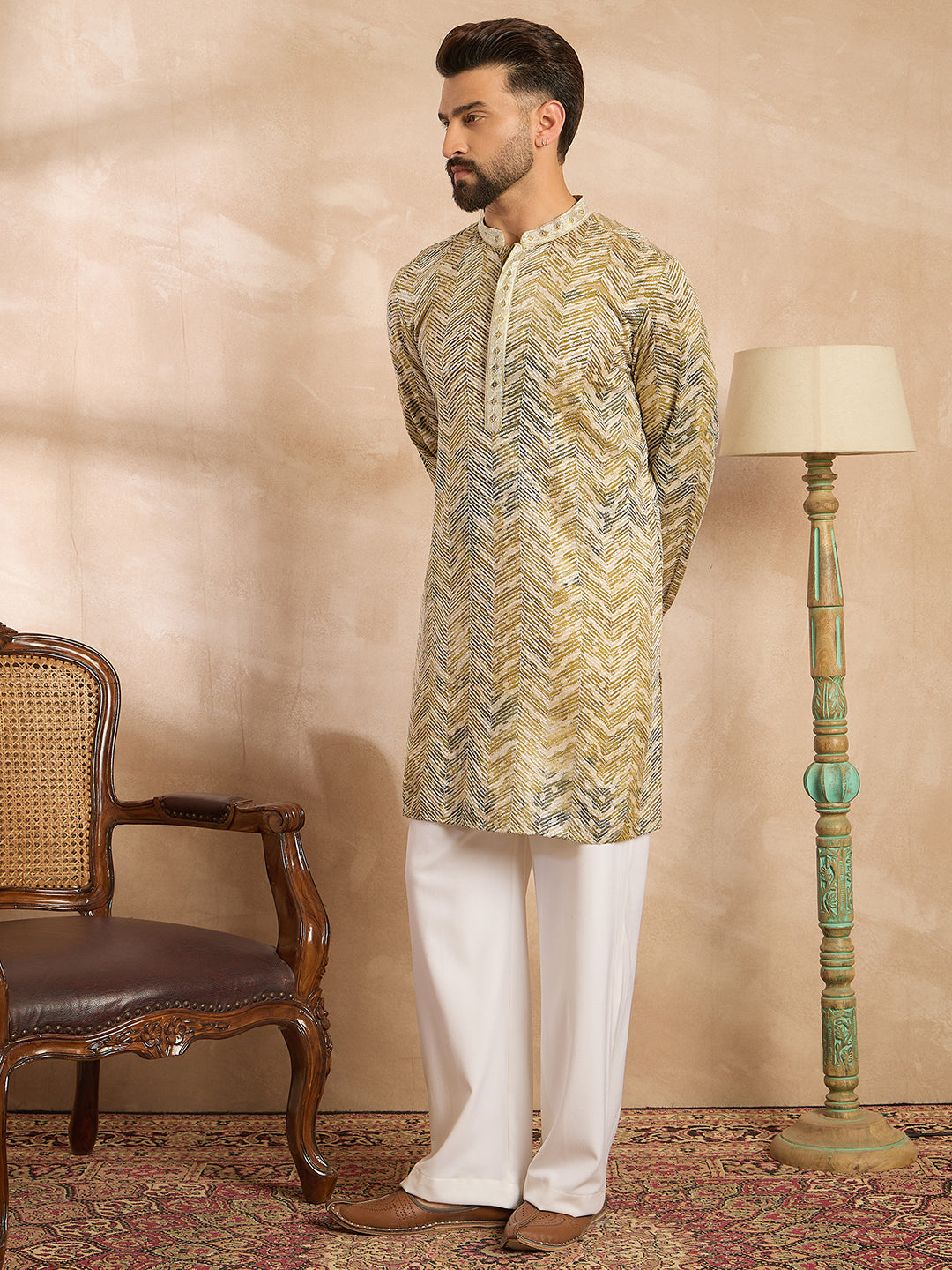 Men Green Silk Blend Solid Embroidered Straight Kurta-MKU1730