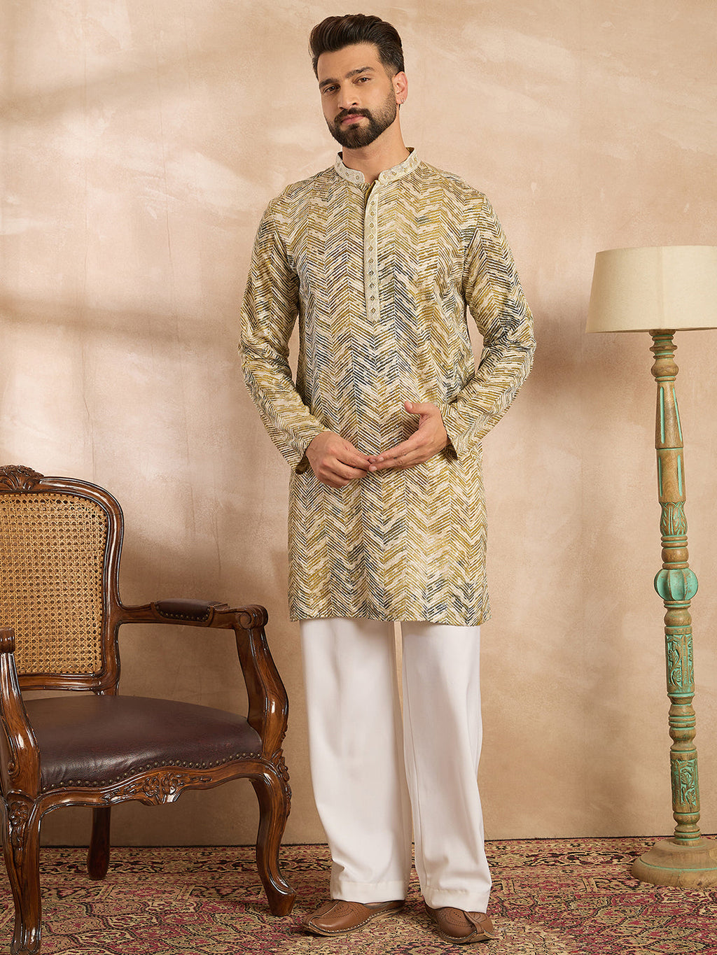 Men Green Silk Blend Solid Embroidered Straight Kurta-MKU1730