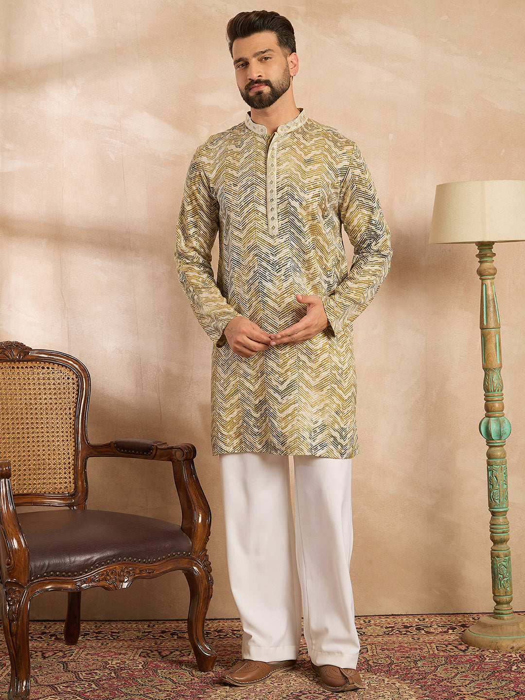 Men Green Silk Blend Solid Embroidered Straight Kurta-MKU1730