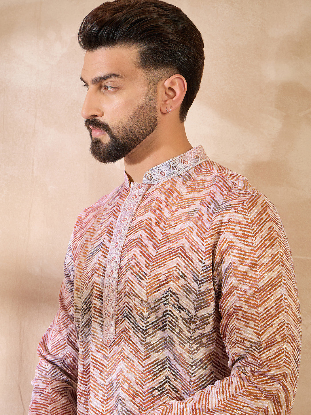 Men Orange Silk Blend Solid Embroidered Straight Kurta-MKU1731