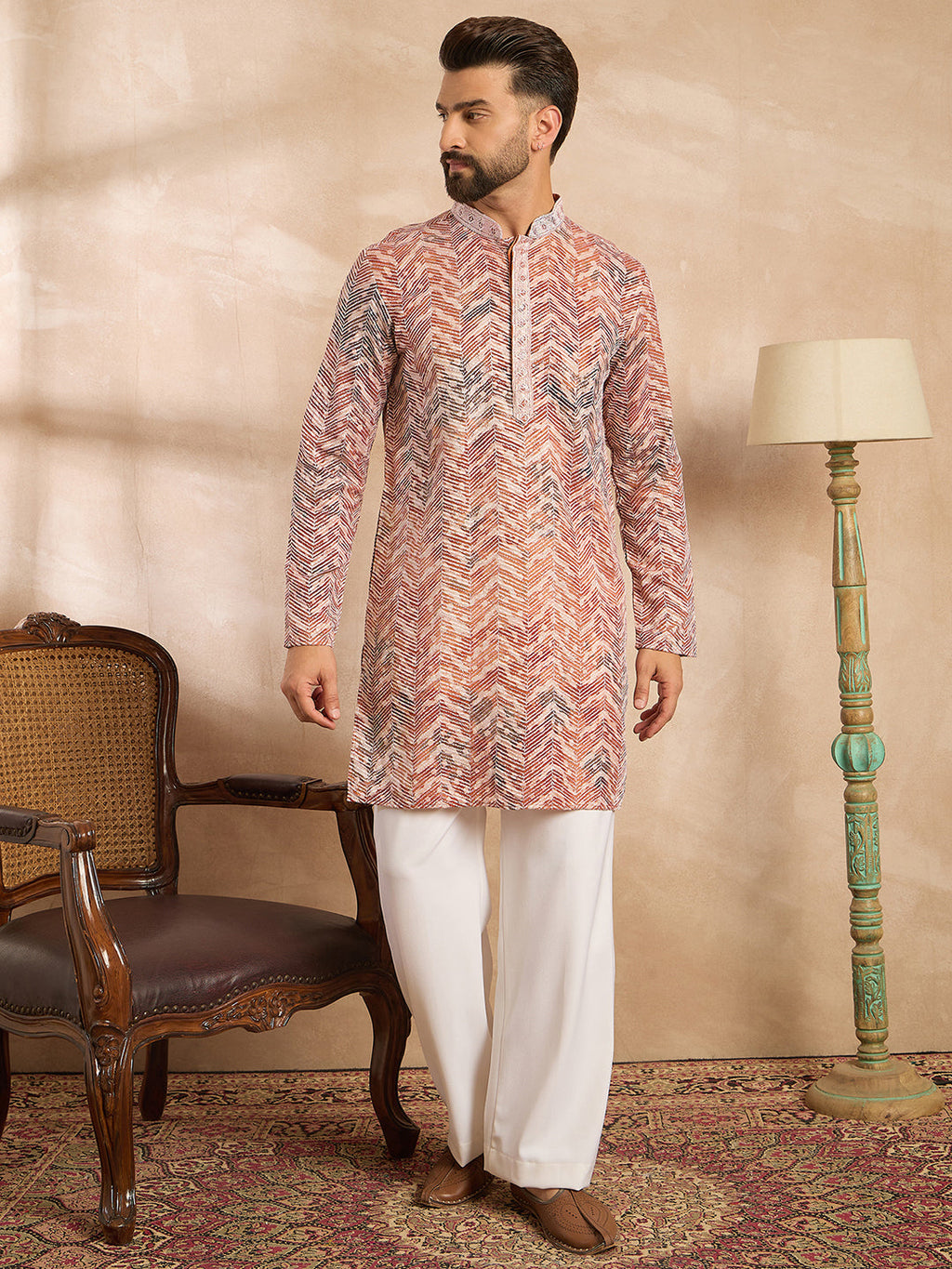 Men Orange Silk Blend Solid Embroidered Straight Kurta-MKU1731