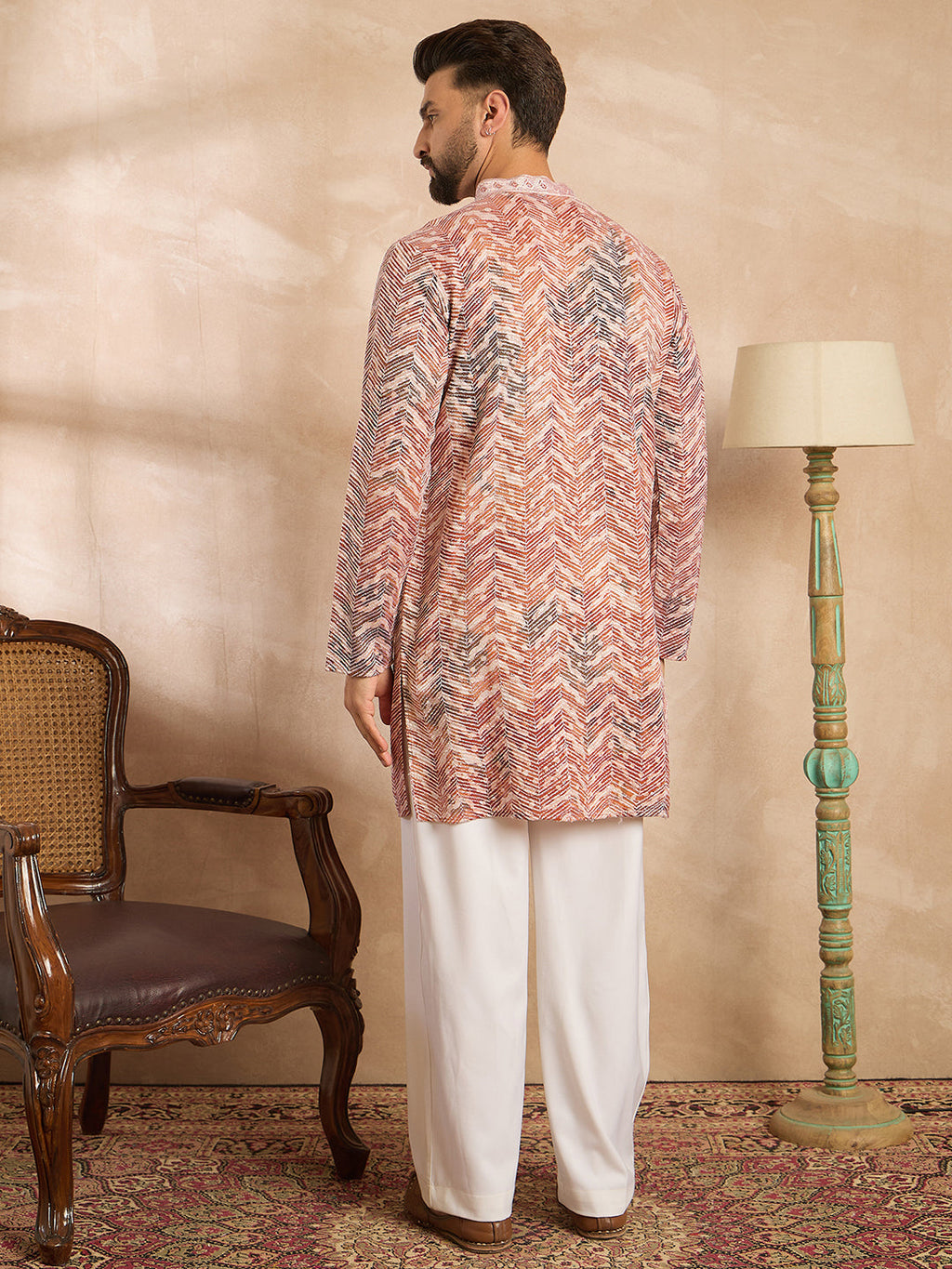 Men Orange Silk Blend Solid Embroidered Straight Kurta-MKU1731