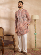 Men Orange Silk Blend Solid Embroidered Straight Kurta-MKU1731