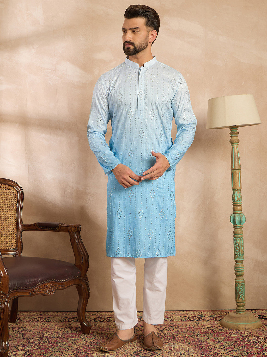 Men Blue Silk Blend Ombre Embroidered Straight Kurta-MKU1732