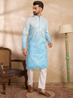 Men Blue Silk Blend Ombre Embroidered Straight Kurta-MKU1732