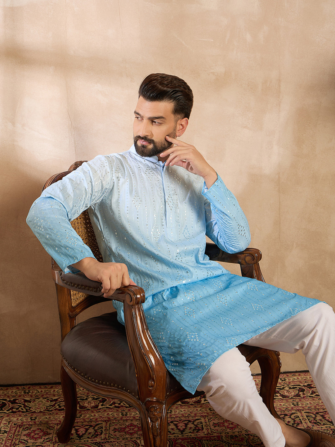 Men Blue Silk Blend Ombre Embroidered Straight Kurta-MKU1732