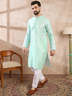 Men Blue Silk Blend Solid Embroidered Straight Kurta-MKU1734