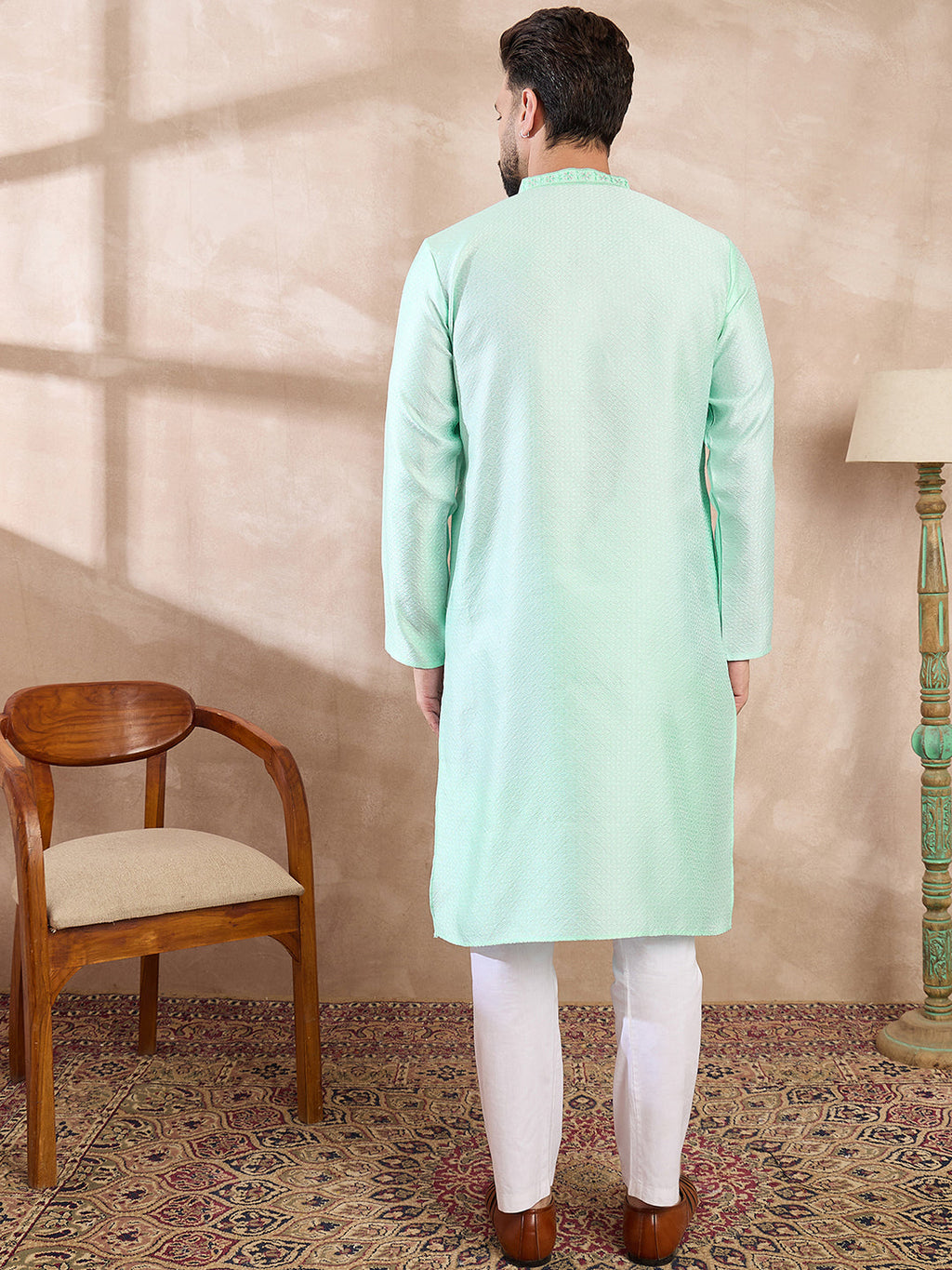 Men Blue Silk Blend Solid Embroidered Straight Kurta-MKU1734