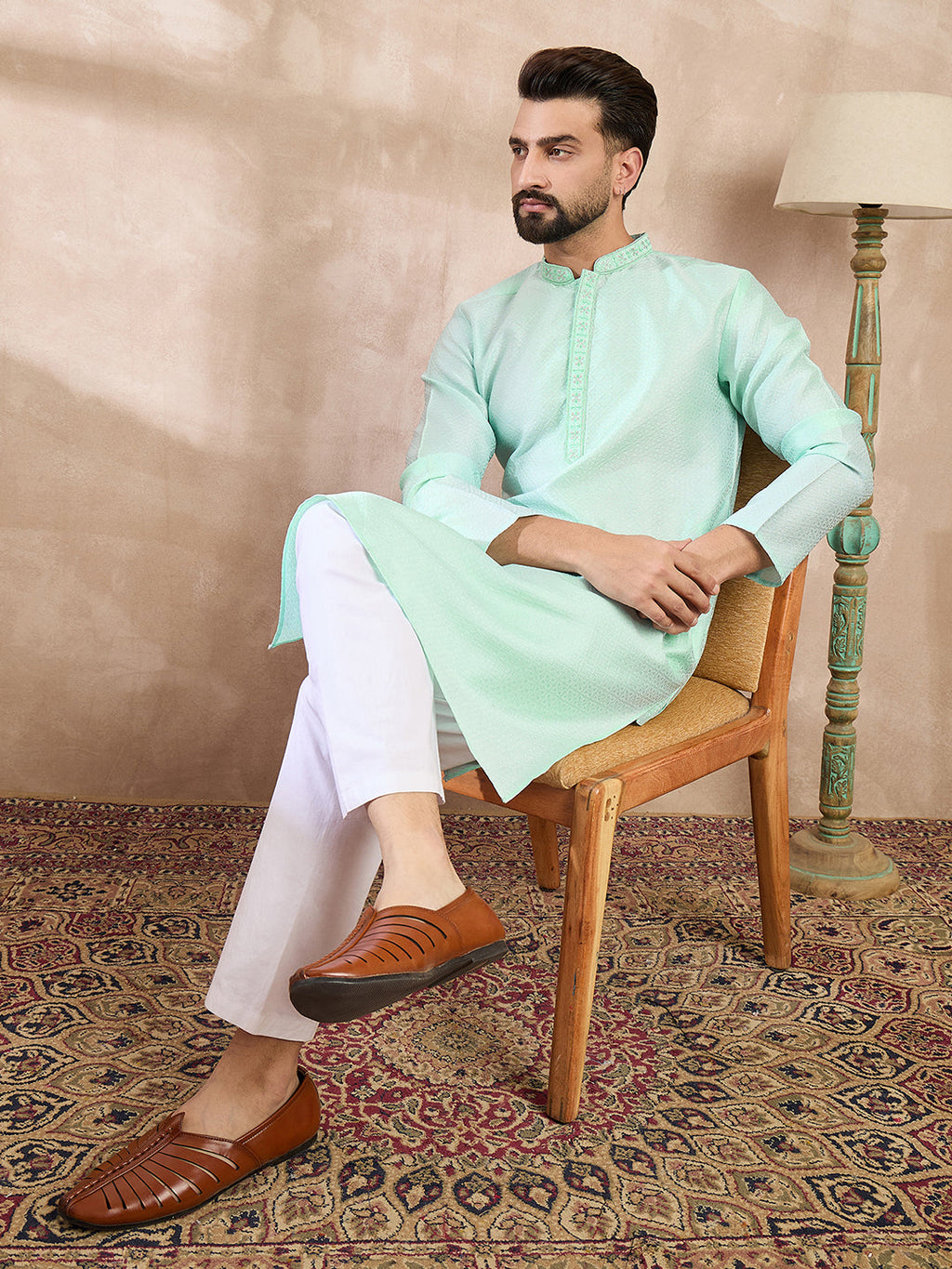 Men Blue Silk Blend Solid Embroidered Straight Kurta-MKU1734