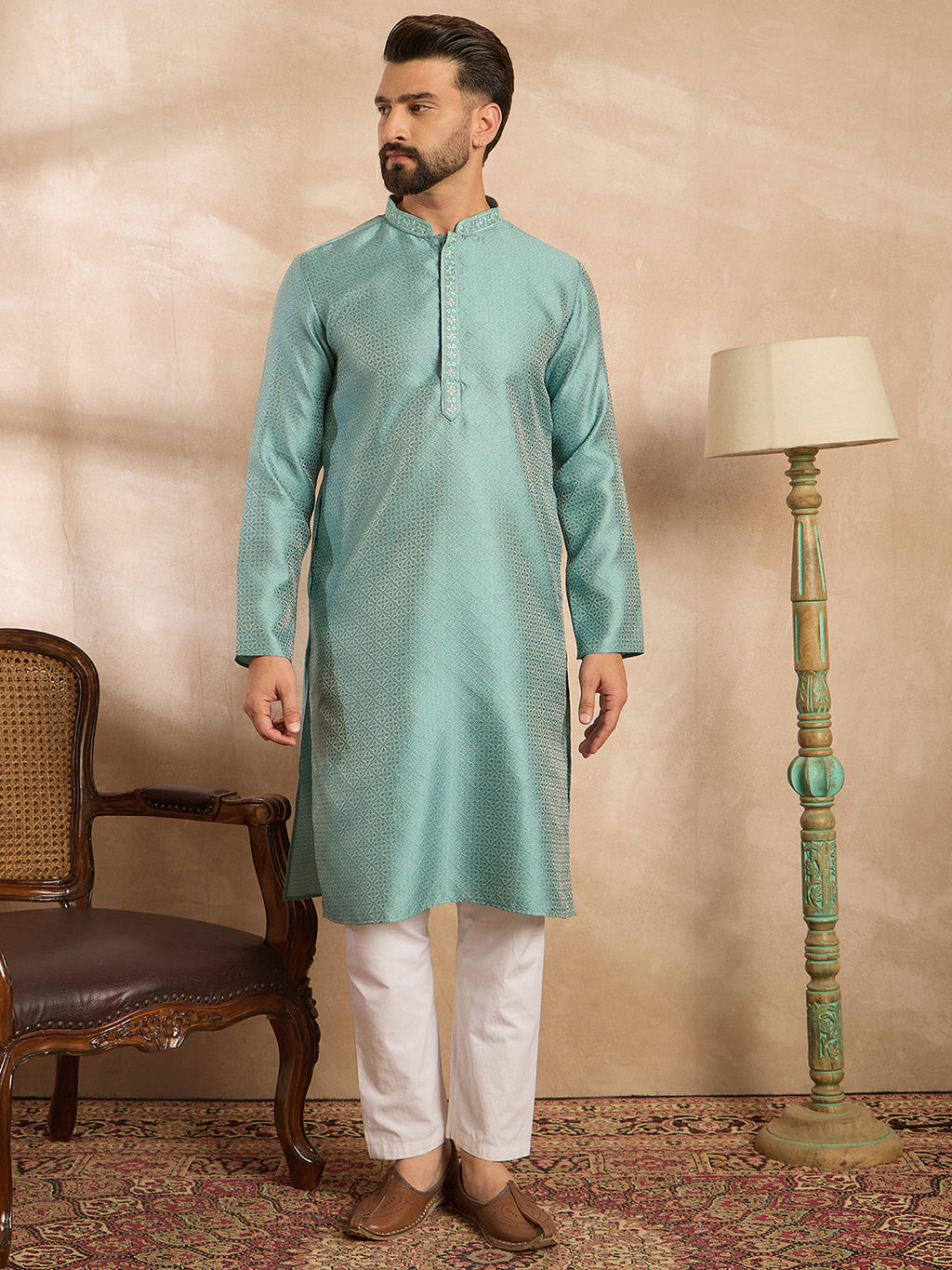Men Green Polyester Solid Embroidered Straight Kurta-MKU1735