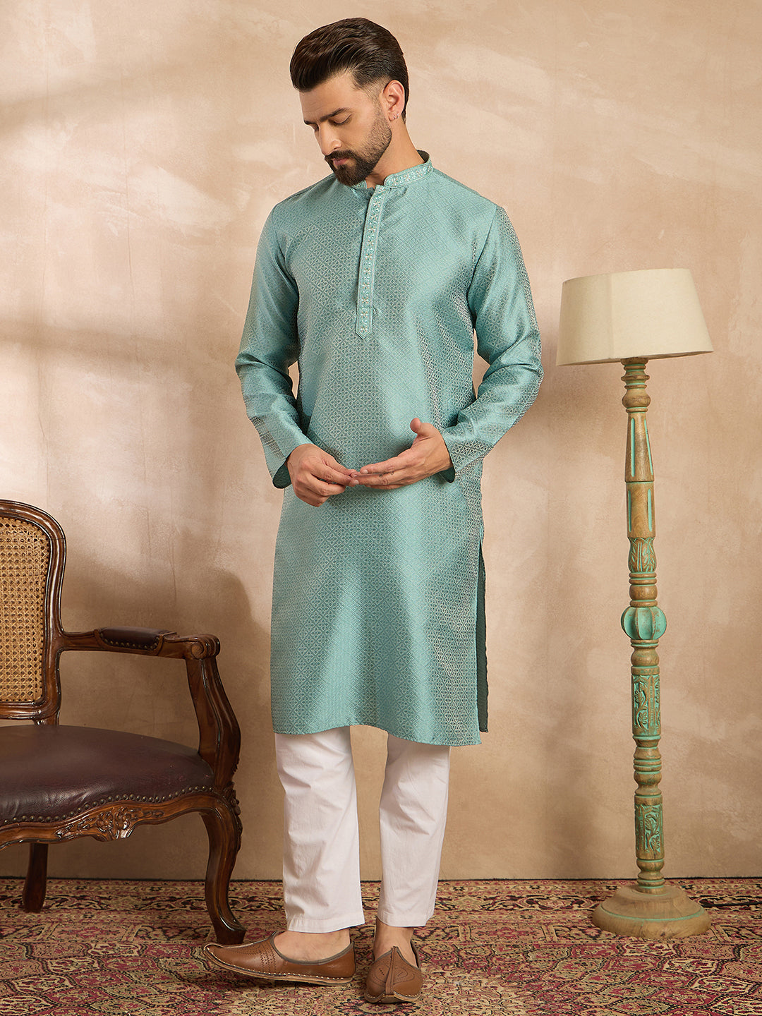 Men Green Polyester Solid Embroidered Straight Kurta-MKU1735