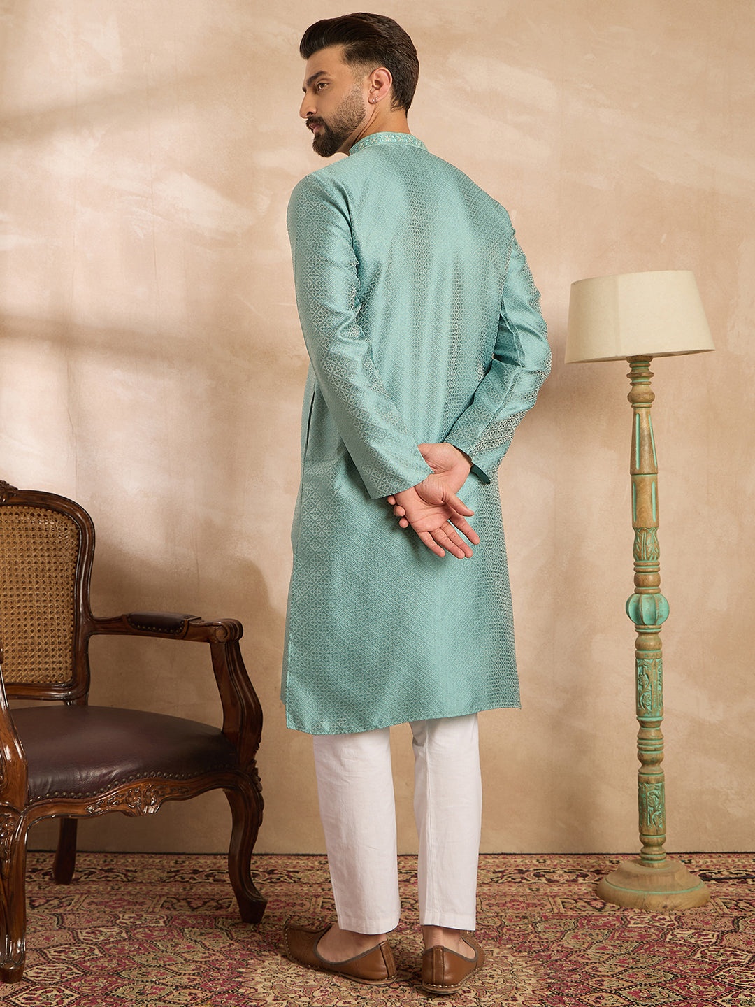 Men Green Polyester Solid Embroidered Straight Kurta-MKU1735