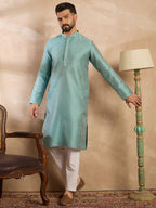Men Green Polyester Solid Embroidered Straight Kurta-MKU1735