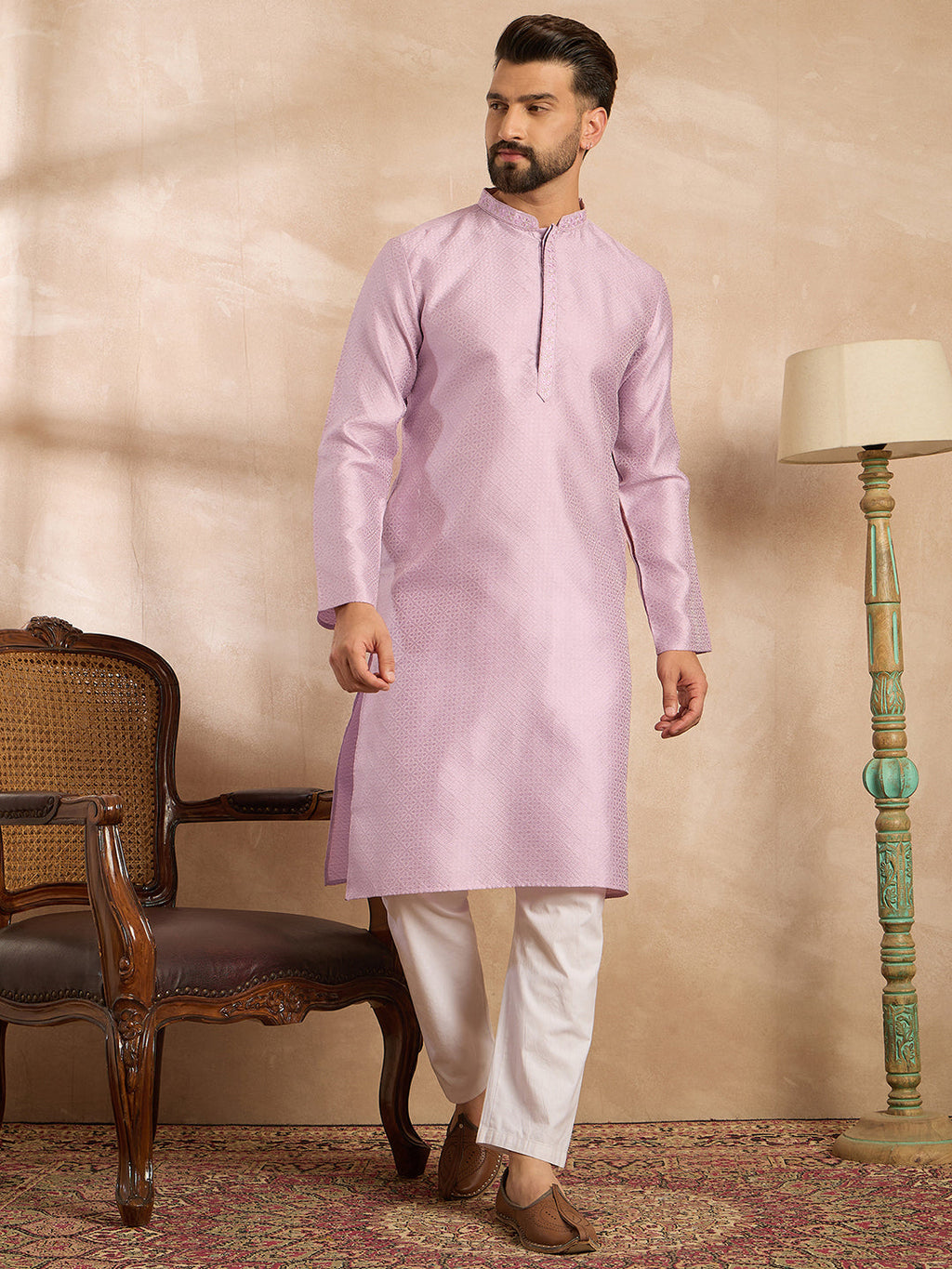 Men Lavender Polyester Solid Embroidered Straight Kurta-MKU1736