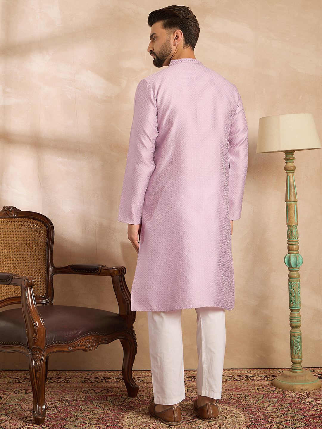 Men Lavender Polyester Solid Embroidered Straight Kurta-MKU1736