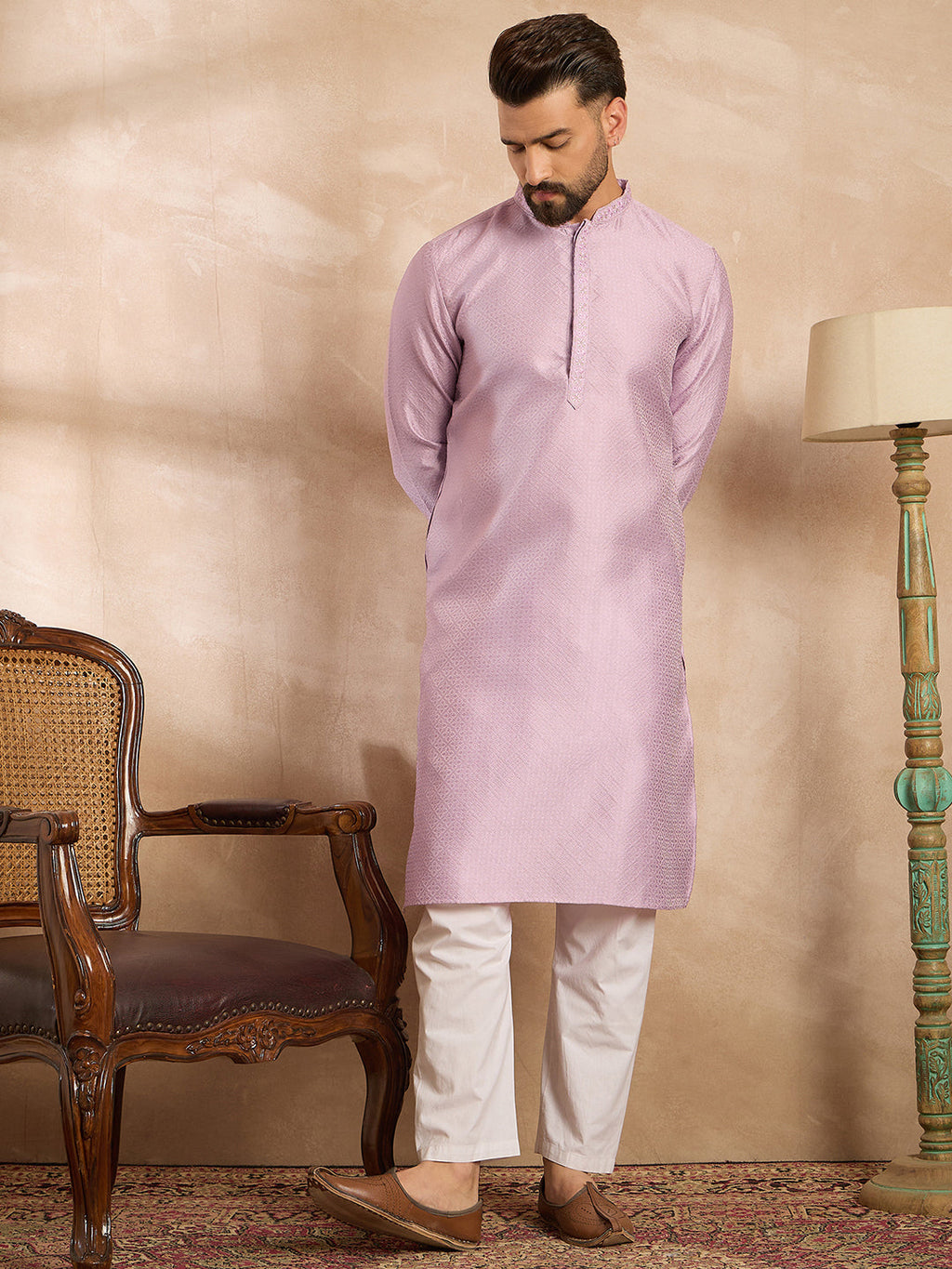 Men Lavender Polyester Solid Embroidered Straight Kurta-MKU1736
