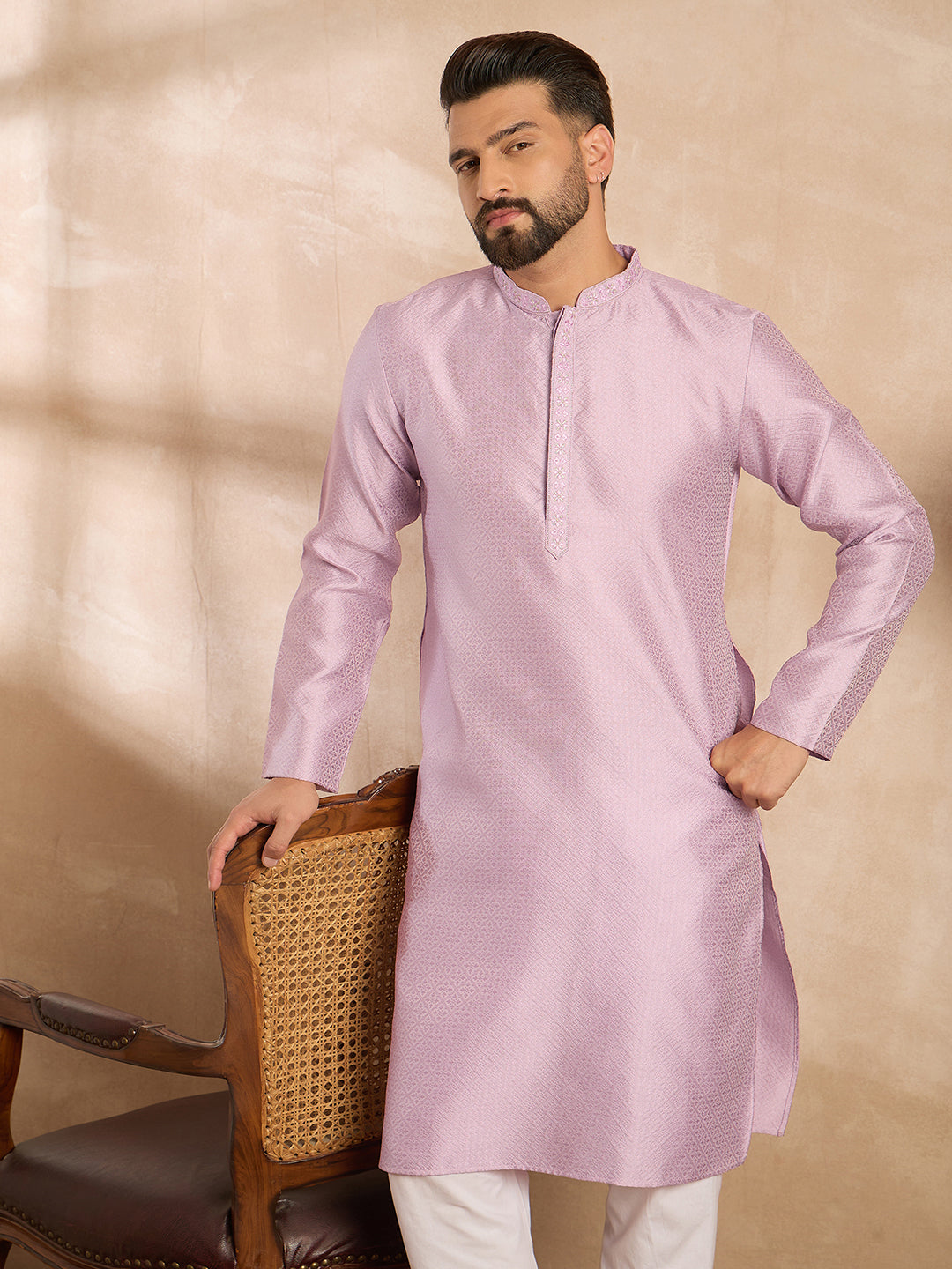 Men Lavender Polyester Solid Embroidered Straight Kurta-MKU1736