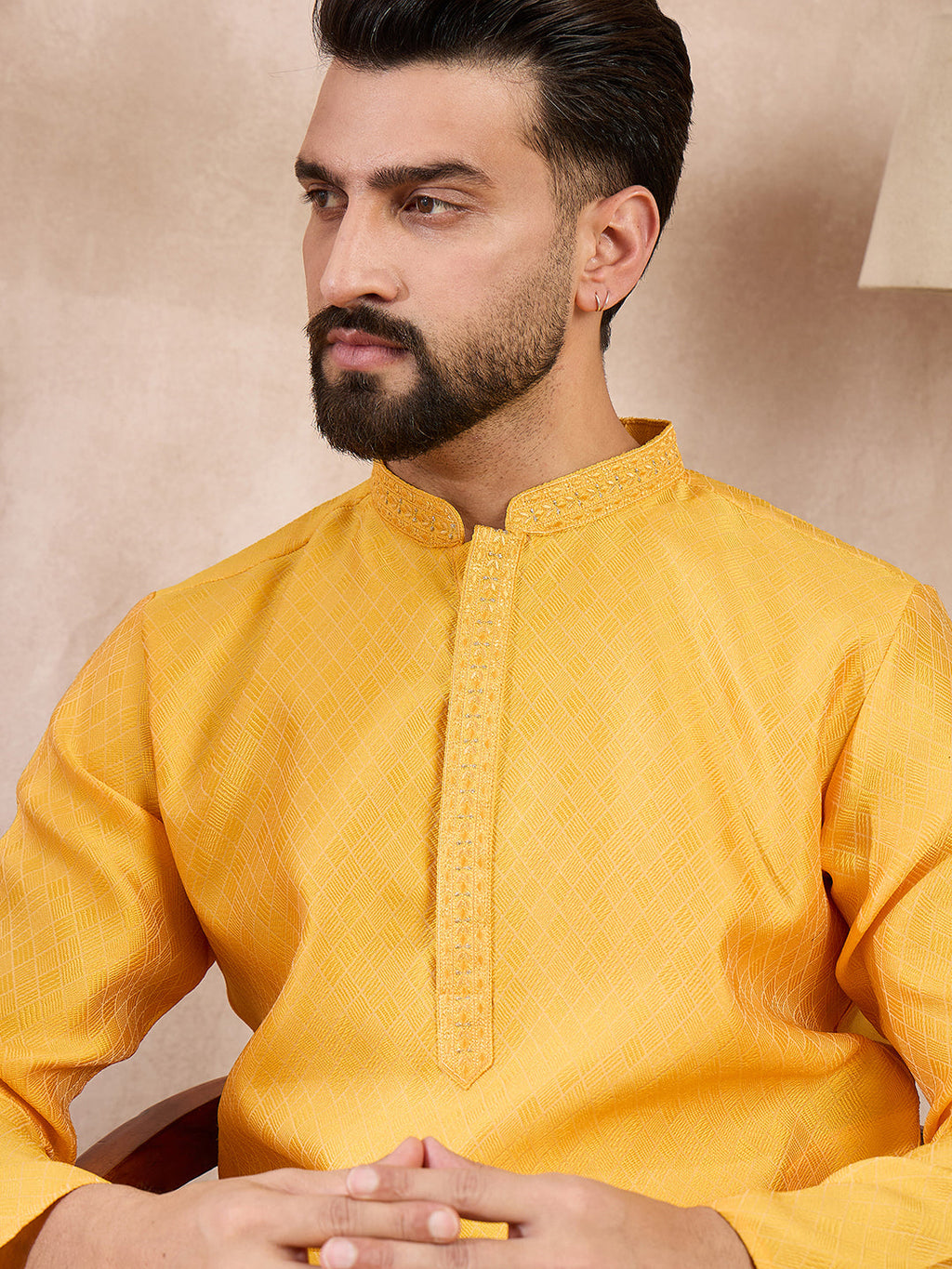 Men Yellow Silk Blend Solid Embroidered Straight Kurta-MKU1737