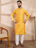Men Yellow Silk Blend Solid Embroidered Straight Kurta-MKU1737