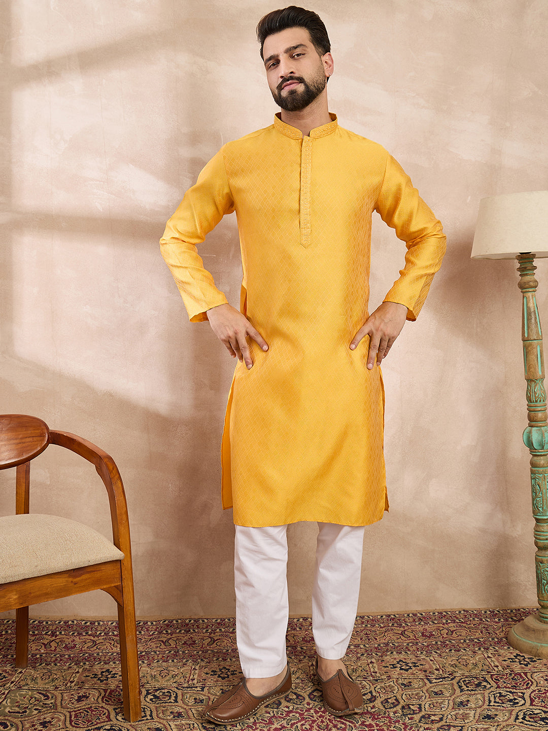 Men Yellow Silk Blend Solid Embroidered Straight Kurta-MKU1737