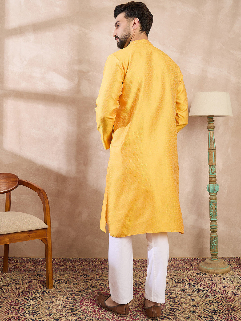 Men Yellow Silk Blend Solid Embroidered Straight Kurta-MKU1737