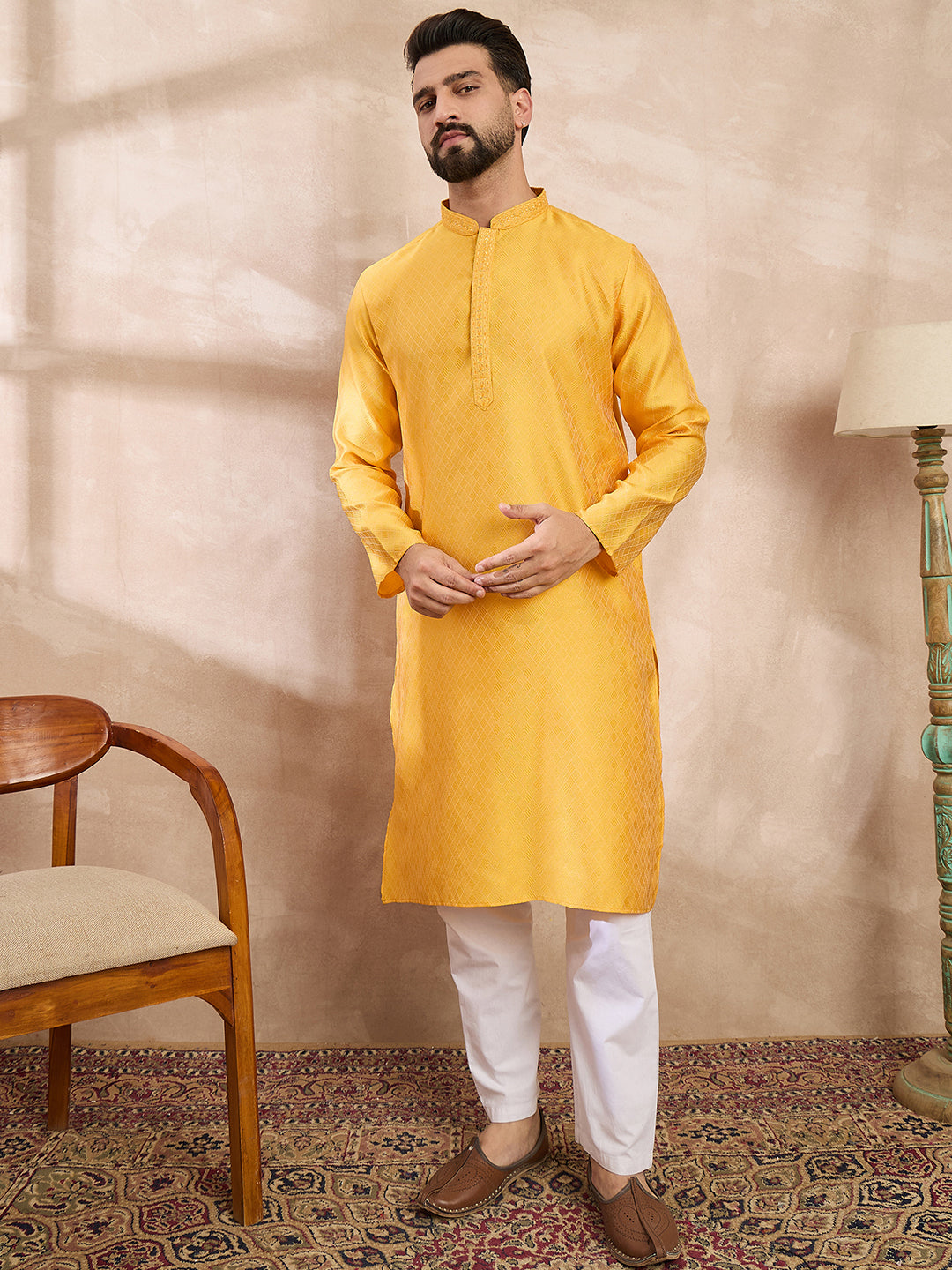 Men Yellow Silk Blend Solid Embroidered Straight Kurta-MKU1737